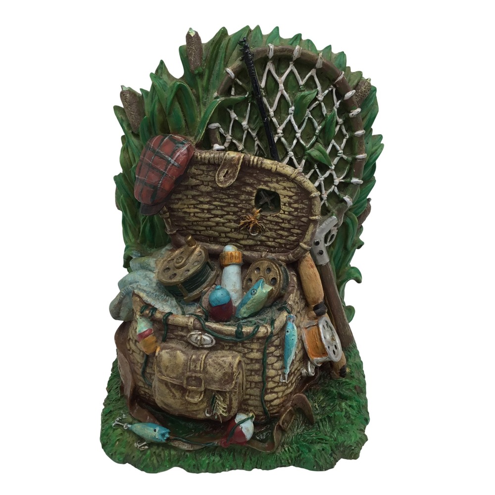 Vintage Fishing Creel Resin Bookend Figurine Cabin Decor Lures Net Rod 7.5 Inch